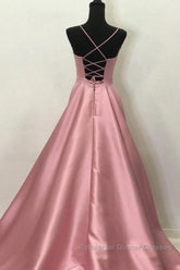 A Line V Neck Open Back Pink Satin Long Semi Formal Prom Dresses, Open Back Pink Formal Graduation Evening Dresses